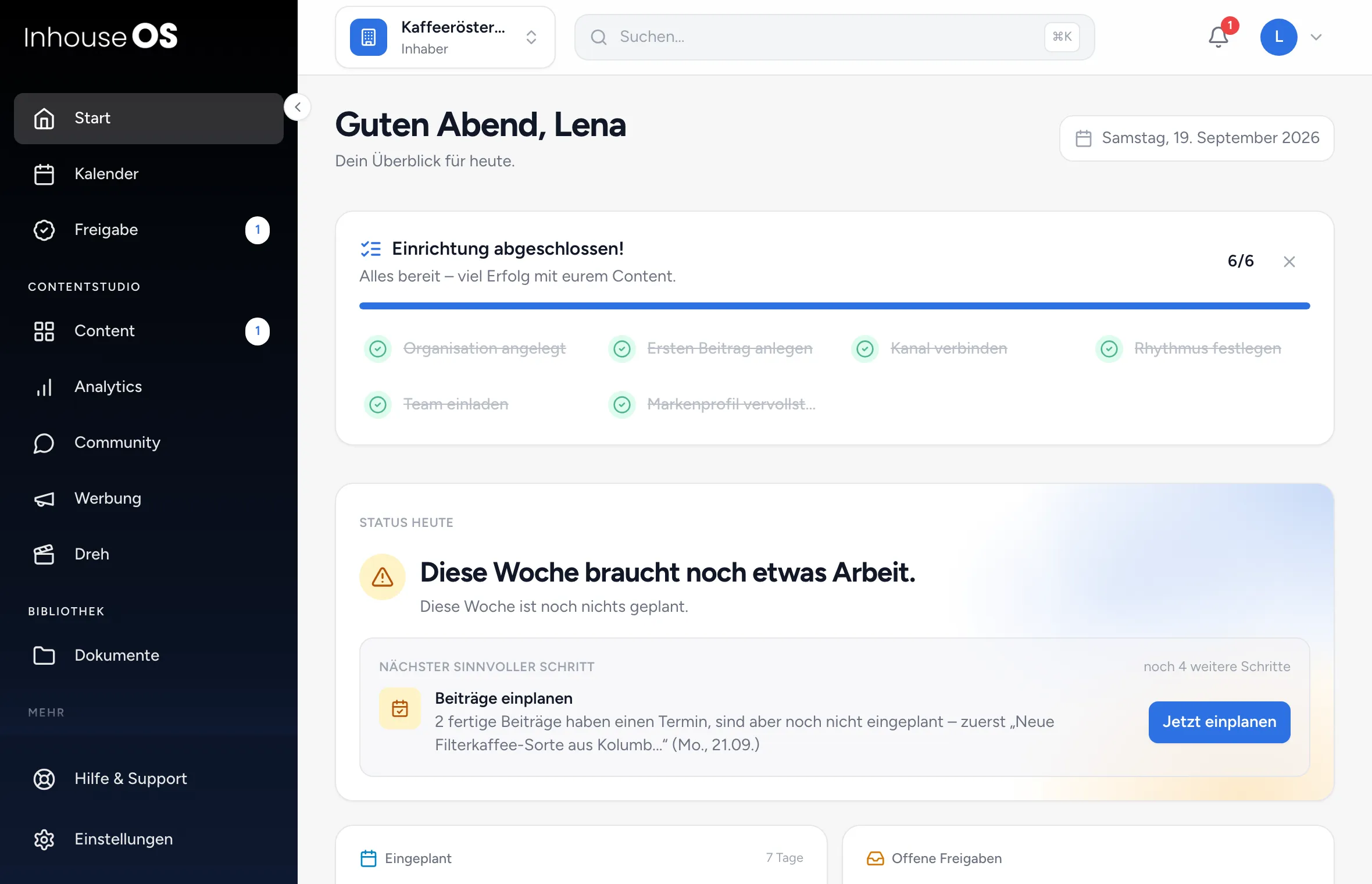 Startseite von Inhouse OS: links die Seitenleiste mit Start, Kalender, Freigabe und den Gruppen Contentstudio, Bibliothek und Mehr, oben Organisation, Suche und Profil