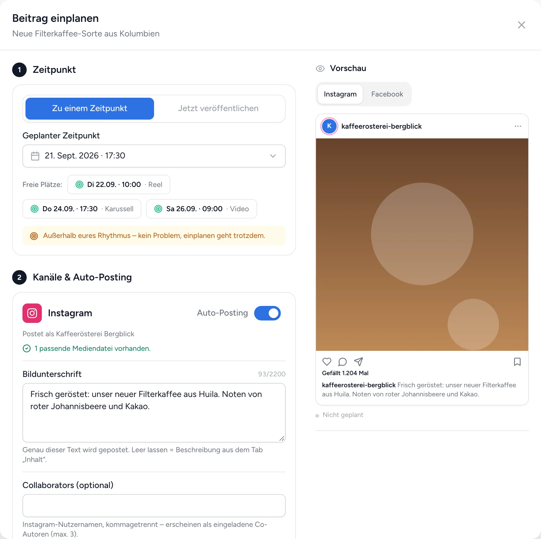 Dialog „Beitrag einplanen“ mit Zeitpunkt, freien Plätzen, Kanälen mit Auto-Posting und der Instagram-Vorschau