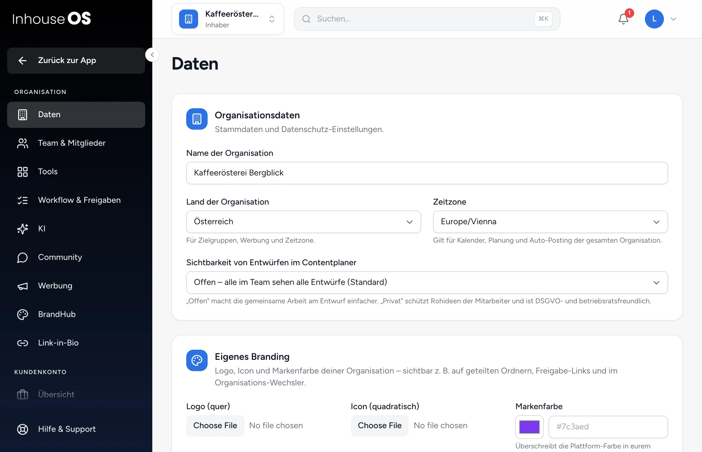 Einstellungen mit den Gruppen Organisation, Kundenkonto und Mein Zugang in der Seitenleiste