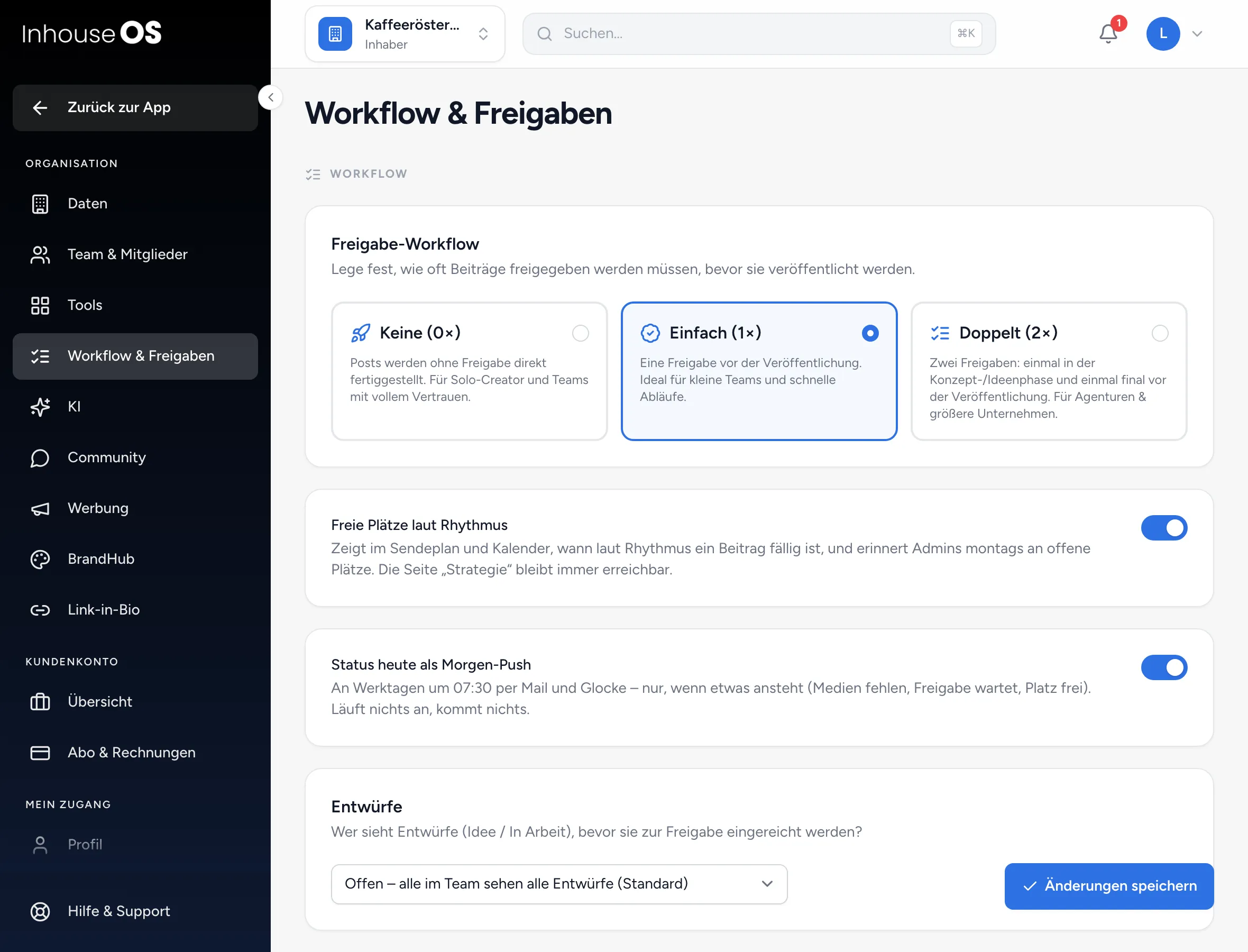 Einstellungen → Workflow &amp; Freigaben mit den Optionen „Keine (0×)“, „Einfach (1×)“ und „Doppelt (2×)“