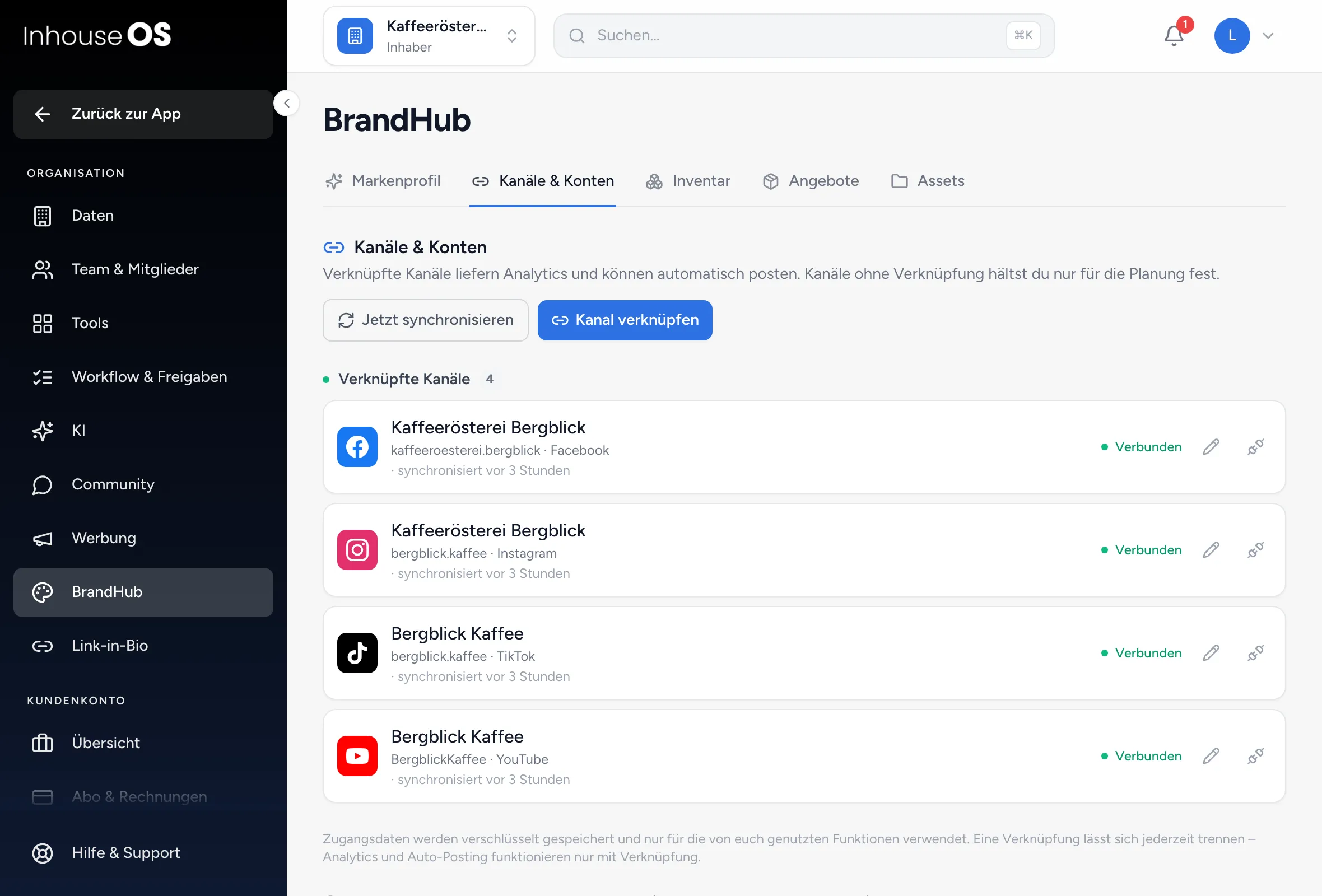 BrandHub, Tab „Kanäle &amp; Konten“: vier verknüpfte Kanäle mit Status „Verbunden“, darüber „Jetzt synchronisieren“ und „Kanal verknüpfen“