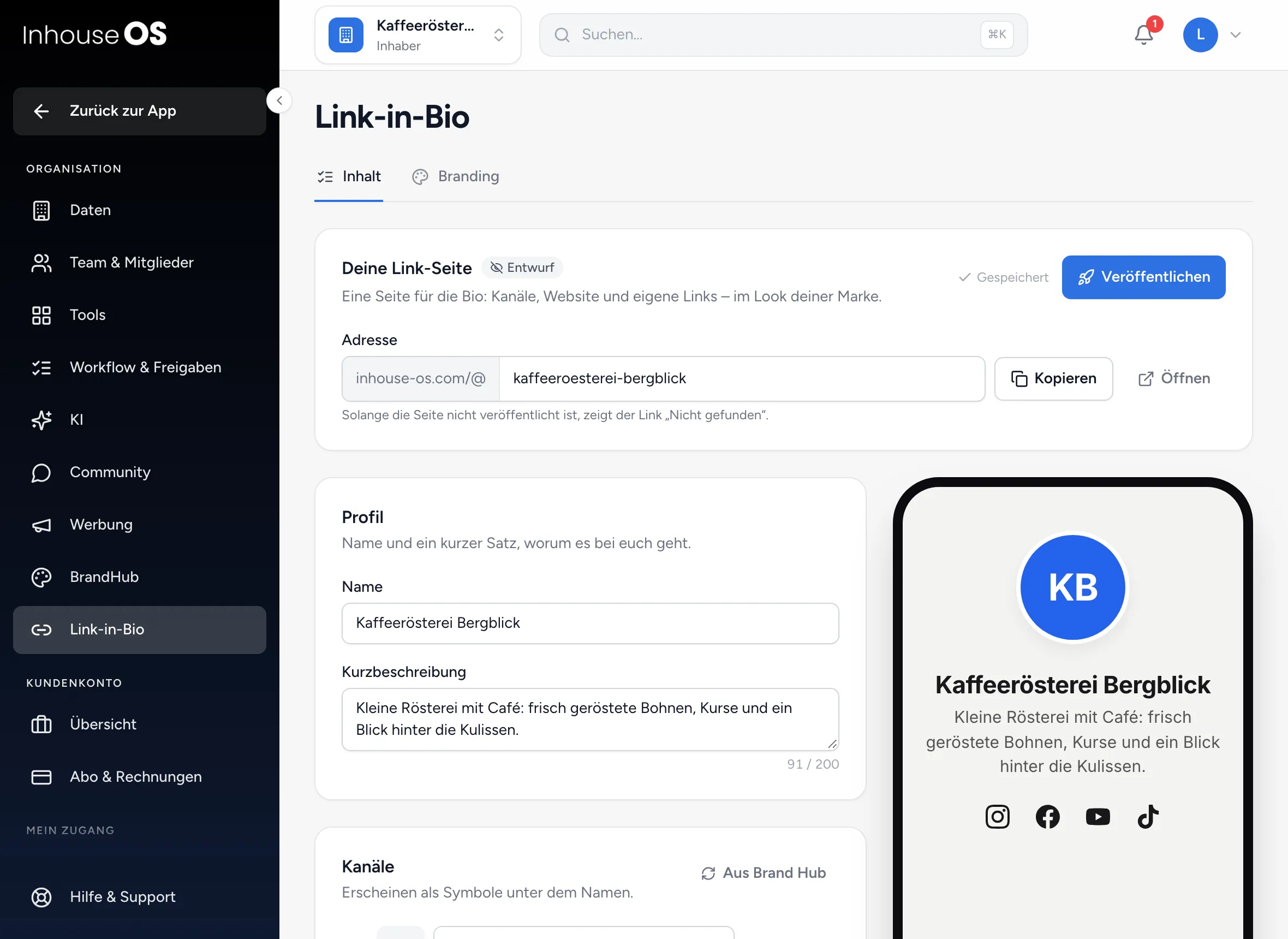 Link-in-Bio-Editor mit Adresse, Profilangaben und Live-Vorschau