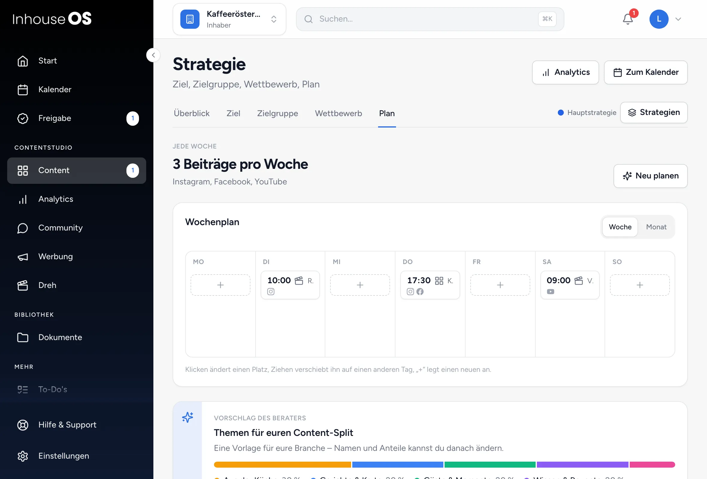 Strategie, Tab „Plan“: Wochenplan mit drei Plätzen und darunter der Vorschlag für den Content-Split