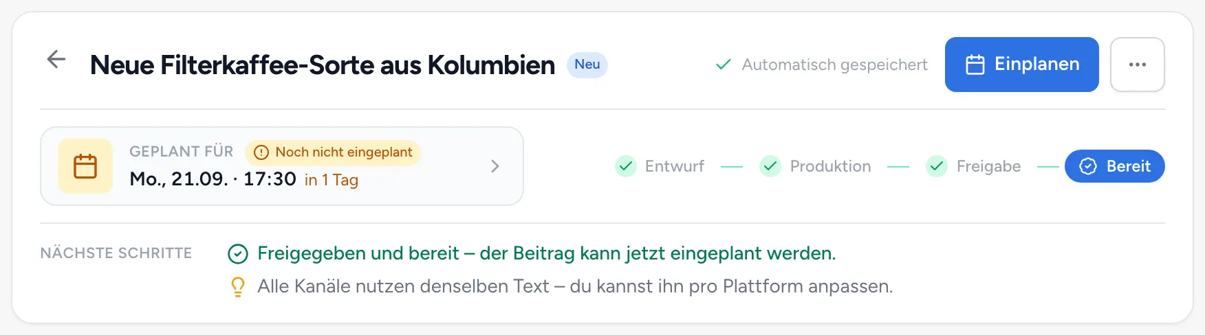 Kopf des Studios: Titel, Button „Einplanen“, Wunschtermin mit dem Hinweis „Noch nicht eingeplant“, Stufen bis „Bereit“ und nächste Schritte