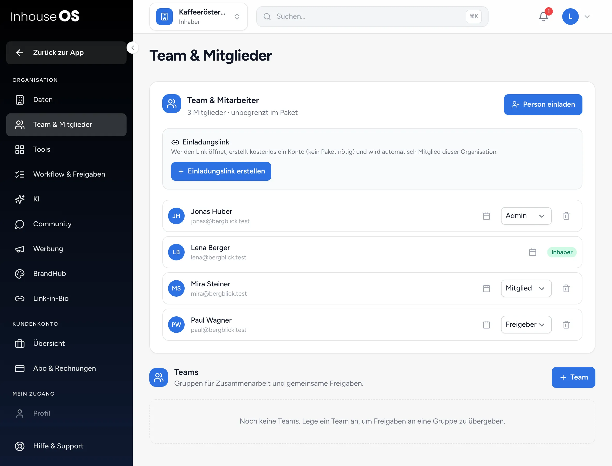 Einstellungen → Team &amp; Mitglieder mit Einladungslink, Mitgliederliste und Rollenauswahl