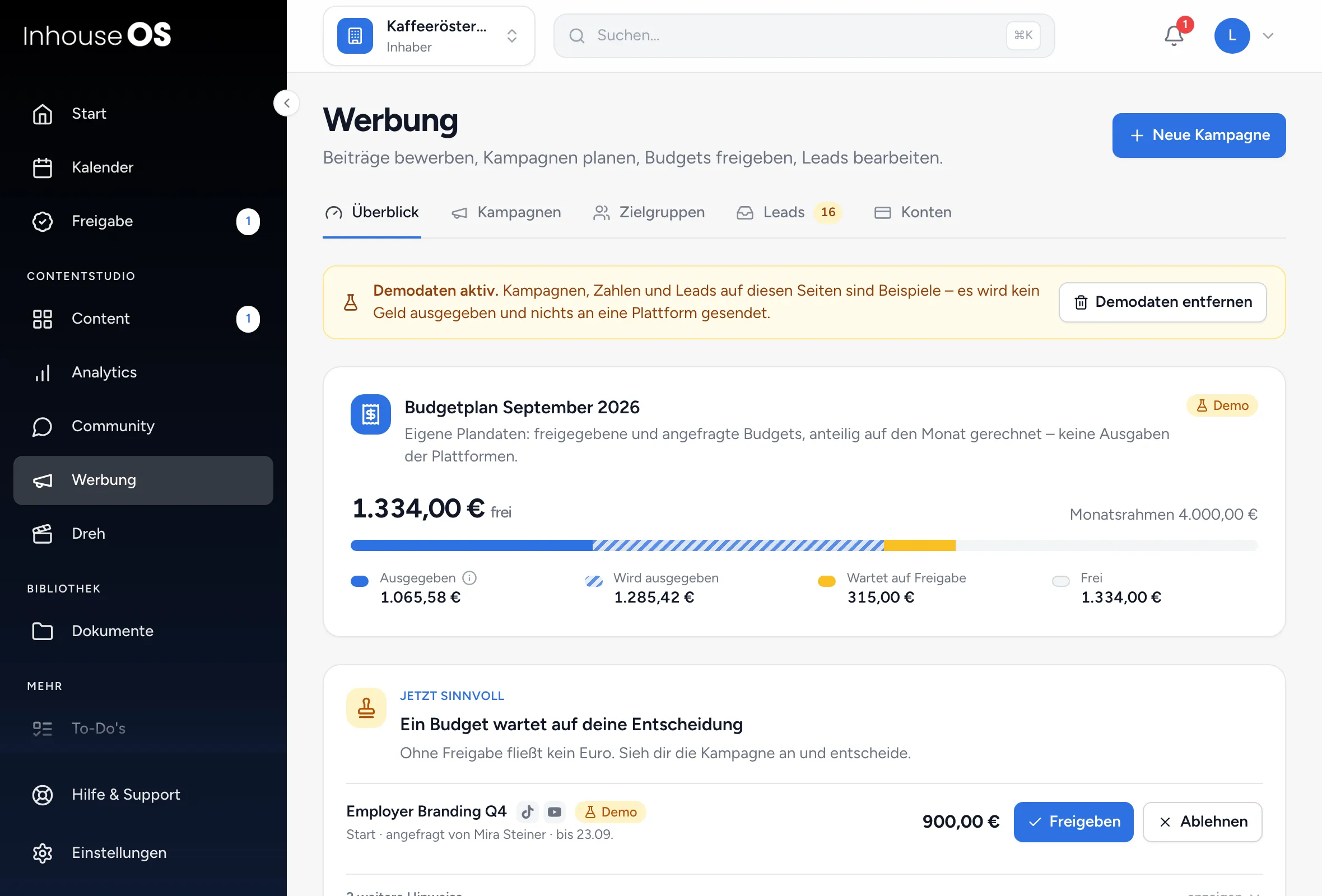 Werbung, Tab „Überblick“ mit dem Hinweis „Demodaten aktiv“, dem Budgetplan und einer offenen Budget-Freigabe