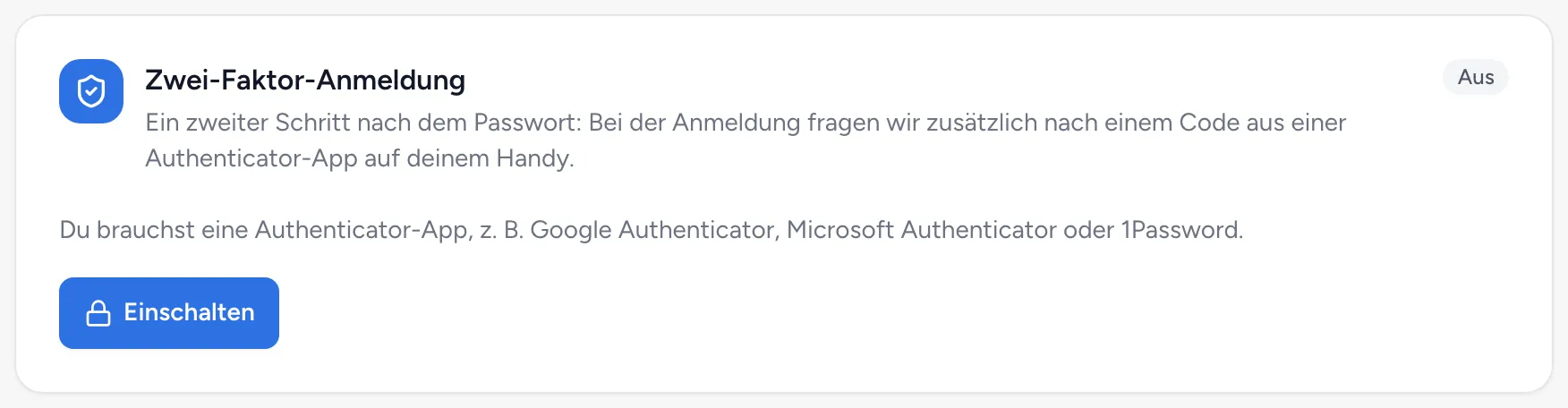 Karte „Zwei-Faktor-Anmeldung“ im Profil mit dem Button „Einschalten“